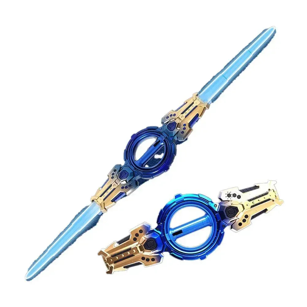 Futuristic blue and gold metal bracelet accessory with circular centerpiece and tech details