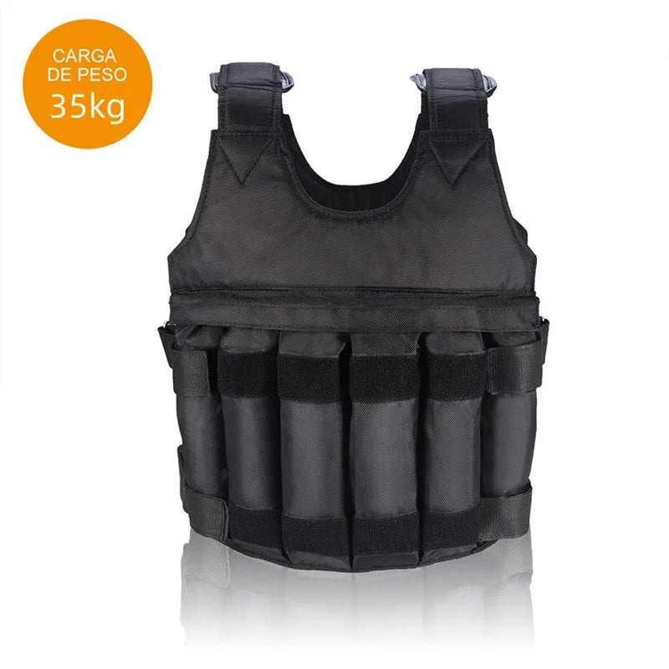 Black tactical weighted vest with adjustable straps and multiple front pockets, durable fabric.
