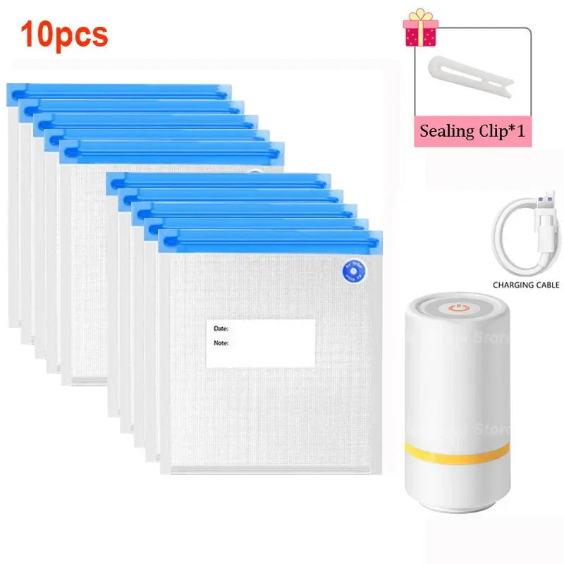 Set of 10 clear vacuum storage bags with blue zip seals, sealing clip, USB charging cable, and electric pump.