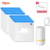 Set of 10 clear vacuum storage bags with blue zip seals, sealing clip, USB charging cable, and electric pump.