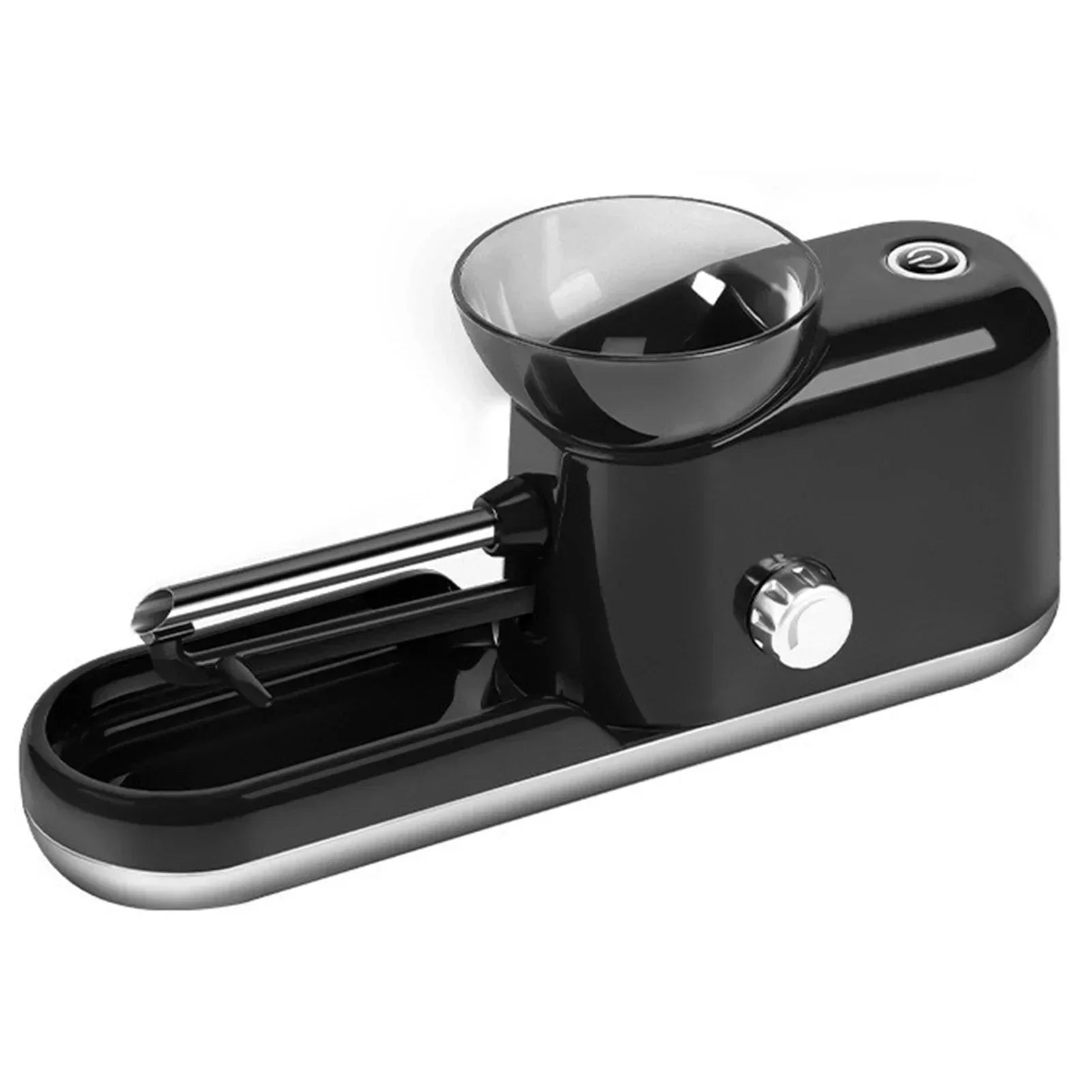 Sleek black and silver electric kitchen appliance with metal peeler and transparent bowl