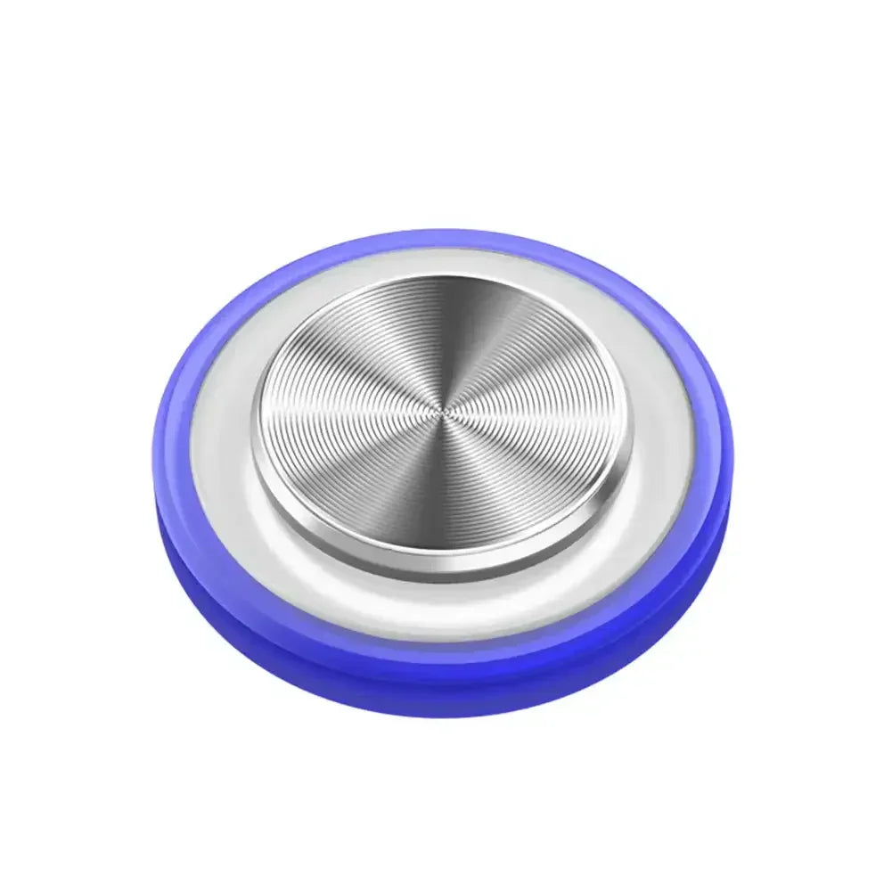 Metallic fidget spinner with blue and white circular design, smooth and compact