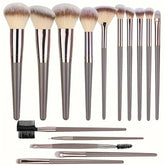 Gray makeup brush set with soft synthetic bristles, various shapes for blending and contouring.