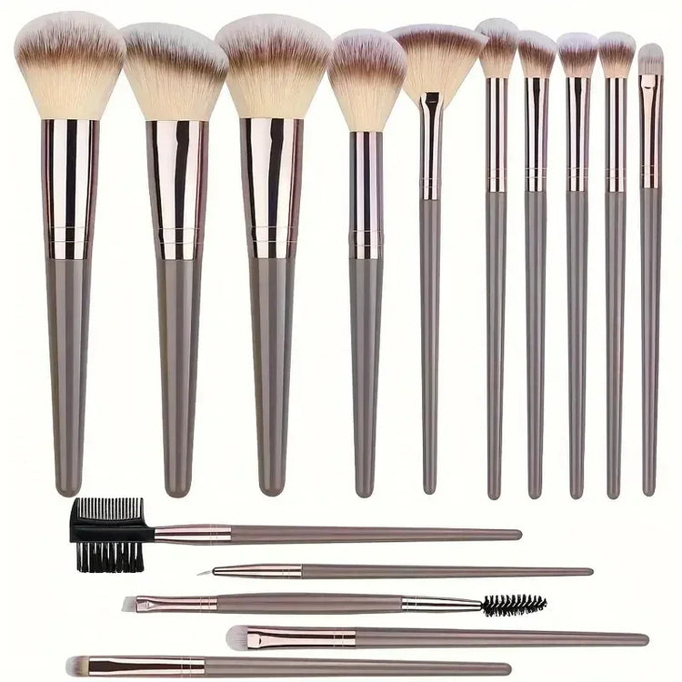 Gray makeup brush set with soft synthetic bristles, various shapes for blending and contouring.