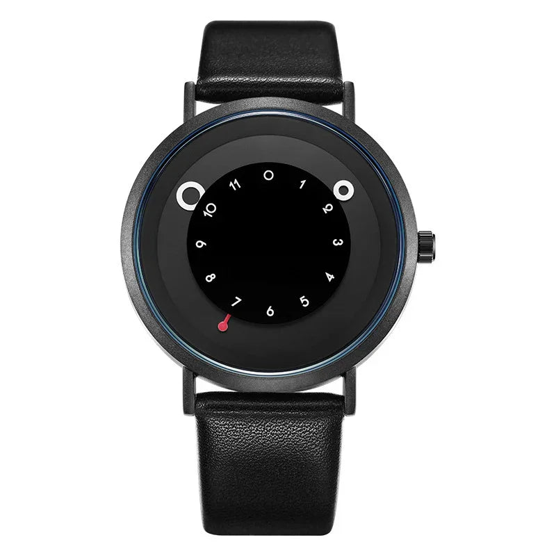 Modern black minimalist wristwatch with leather strap and unique circular dial design