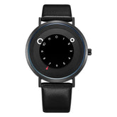 Modern black minimalist wristwatch with leather strap and unique circular dial design