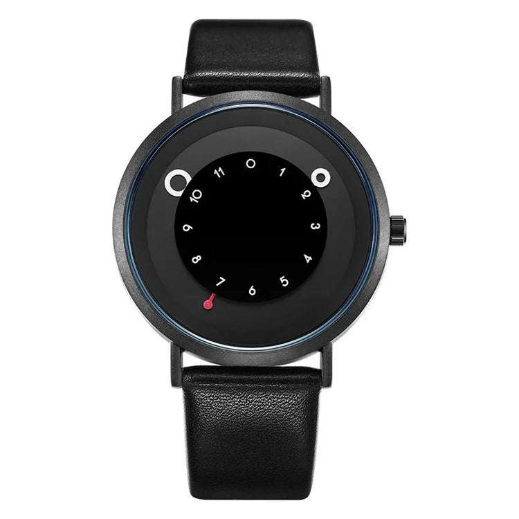 Modern black minimalist wristwatch with leather strap and unique circular dial design