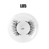 Black wispy synthetic false eyelashes in round plastic case, style L05
