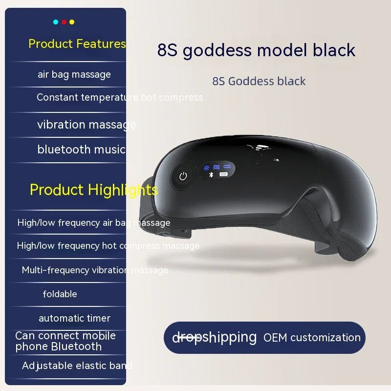 Black 8S eye massager with adjustable elastic band, Bluetooth music, airbag and vibration massage features.