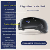 Black 8S eye massager with adjustable elastic band, Bluetooth music, airbag and vibration massage features.