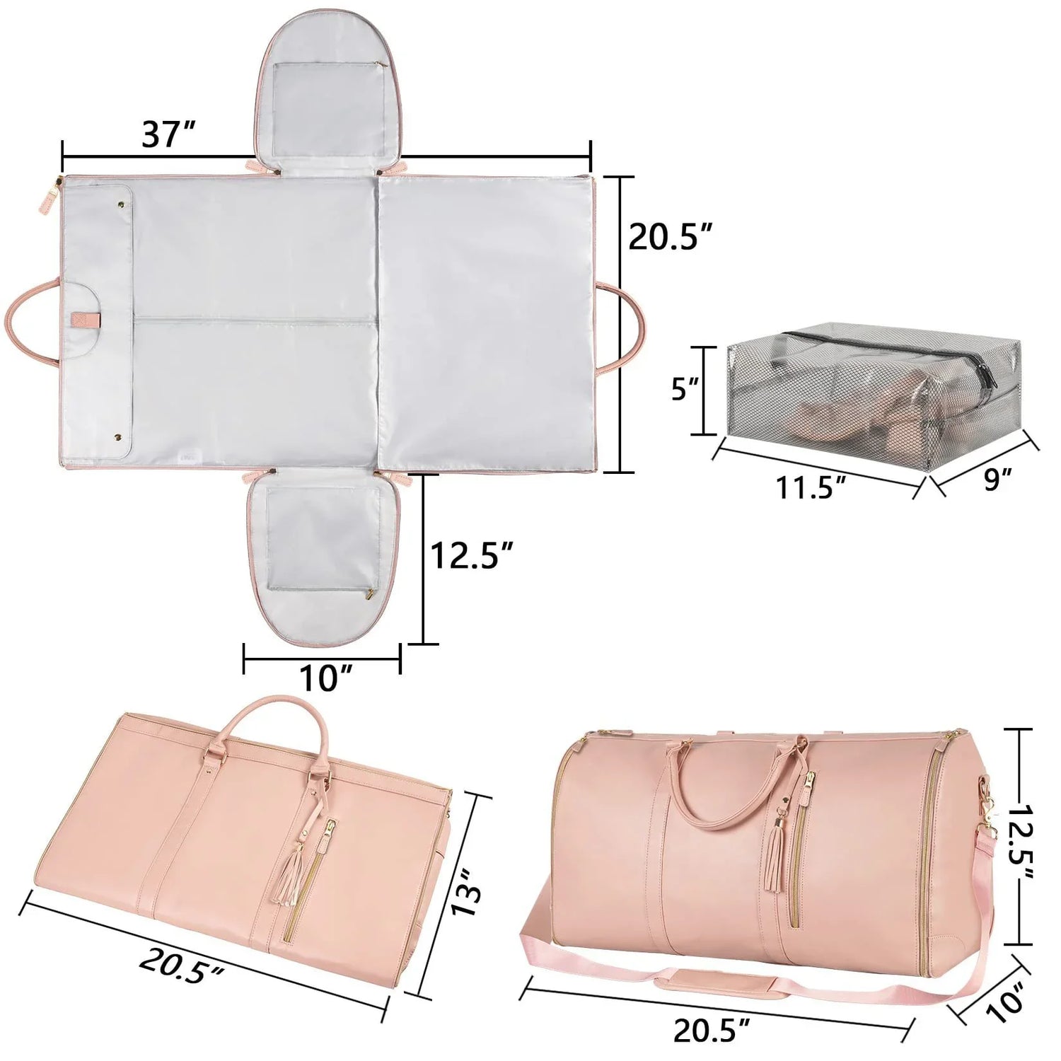 Blush pink faux leather duffel bag, multiple compartments, convertible travel organizer, gold zippers, shown with dimensions.