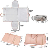 Blush pink faux leather duffel bag, multiple compartments, convertible travel organizer, gold zippers, shown with dimensions.