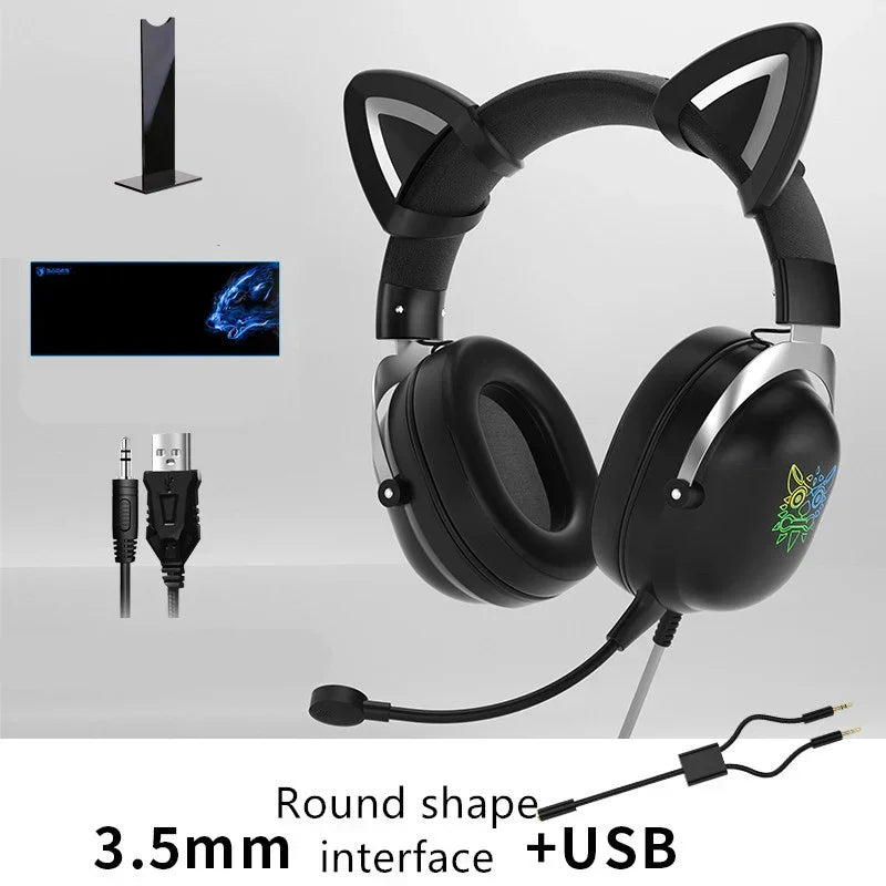 Black over-ear headphones with cat ears, cushioned headband, LED light, USB and 3.5mm jack.