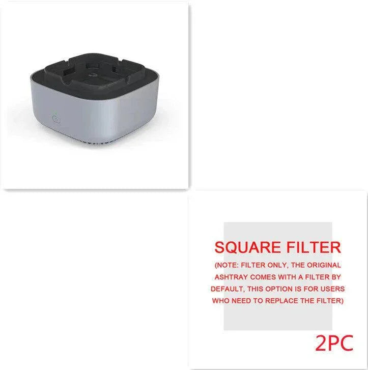 Square-shaped modern ashtray with black top, silver body, and two replacement filters