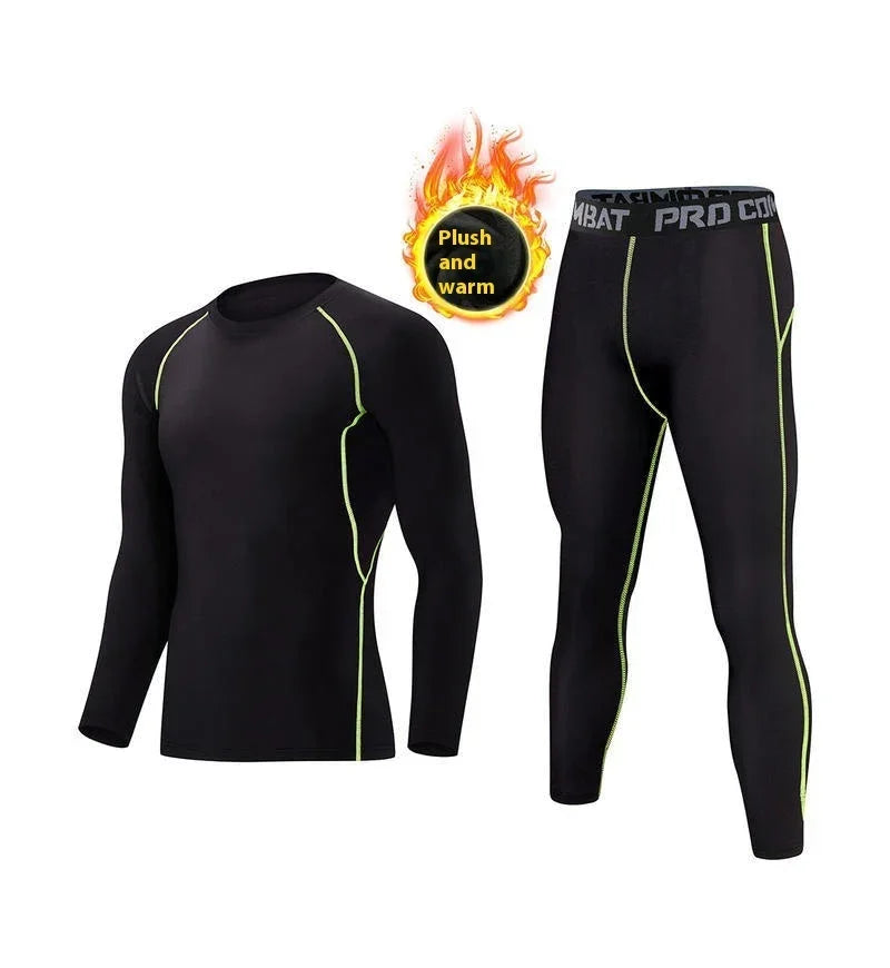 Black thermal long sleeve top and leggings set with neon green seams, slim fit, plush and warm.