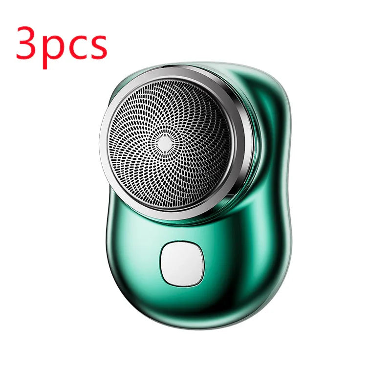 Compact green electric shaver with metallic finish and ergonomic grip, 3-piece set