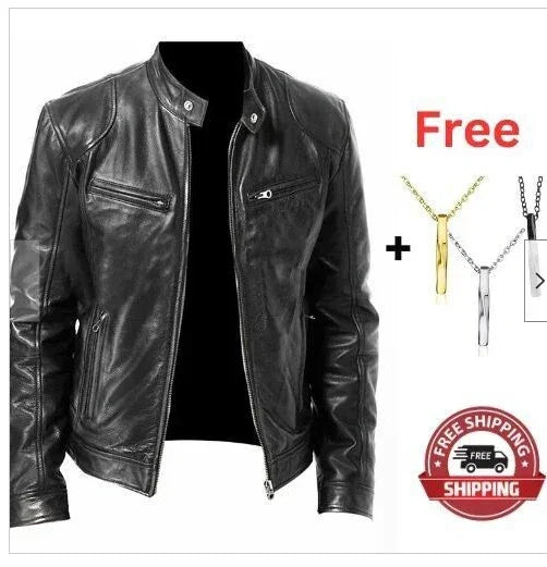 Black faux leather biker jacket with zippered pockets, slim fit, and free necklace offer