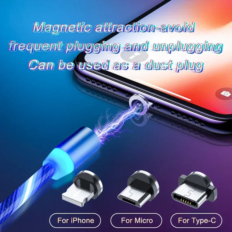 Magnetic charging cable with glowing blue LED, compatible with iPhone, Micro USB, and Type-C