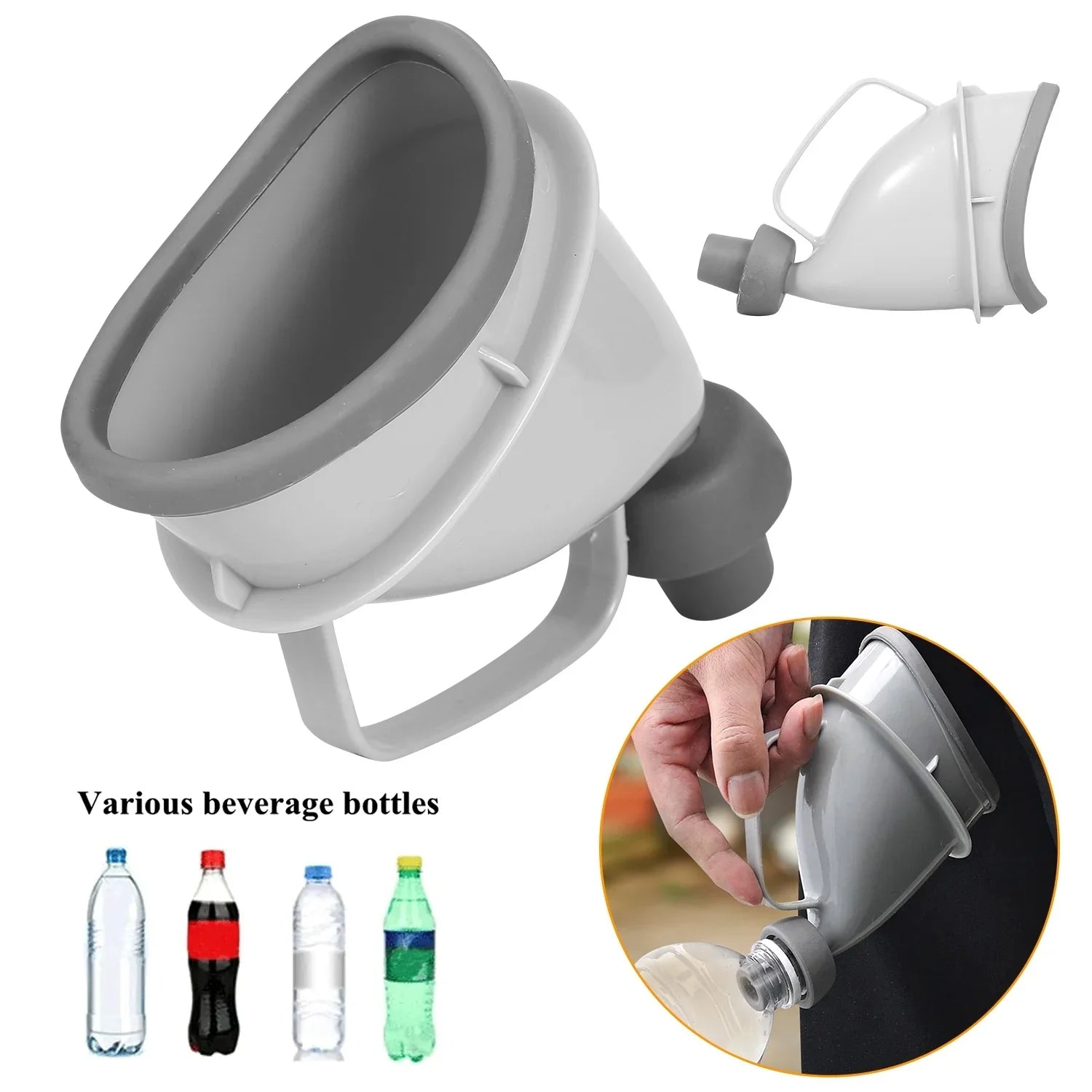 Gray portable funnel adapter with handle, shown fitting various plastic beverage bottles