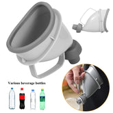 Gray portable funnel adapter with handle, shown fitting various plastic beverage bottles