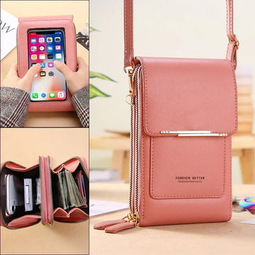Pink faux leather crossbody wallet with phone holder, zippered compartments, slim fit
