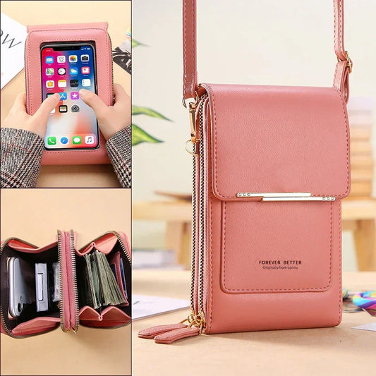 Pink faux leather crossbody wallet with phone holder, zippered compartments, slim fit