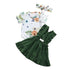 Baby girl outfit with floral print short-sleeve bodysuit, green ruffle suspender skirt, and matching headband