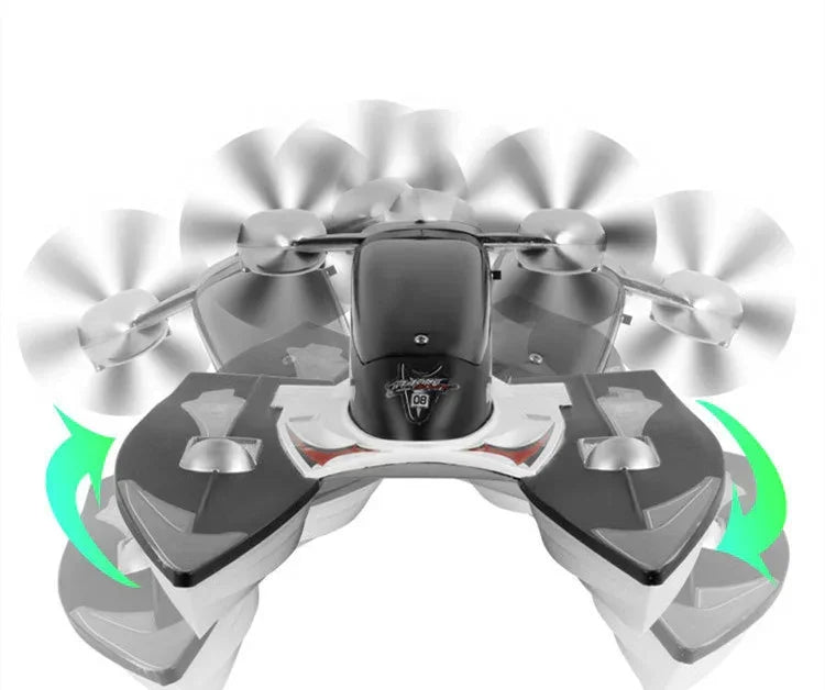 Futuristic black and white hovercraft with rotating propellers and aerodynamic design.