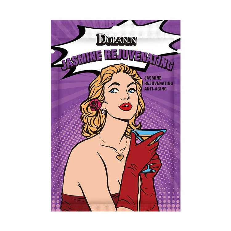 Pop art style woman in red gloves and dress holding a drink on a purple background.