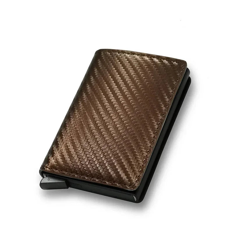 Slim brown carbon fiber wallet with textured finish and minimalist design