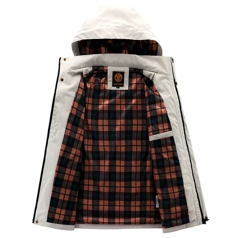 White hooded jacket with plaid flannel lining, relaxed fit, modern streetwear style