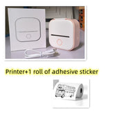 Compact white and pink portable label printer with USB cable and one roll of adhesive stickers