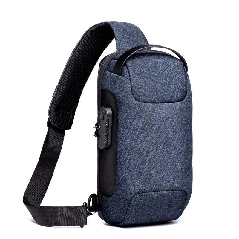 Modern dark blue crossbody sling bag with waterproof fabric and adjustable strap
