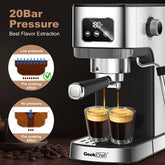 Stainless steel espresso machine brewing two cups with digital display and 20 bar pressure feature.