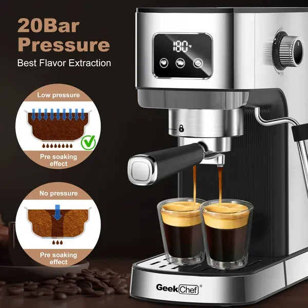Stainless steel espresso machine brewing two cups with digital display and 20 bar pressure feature.