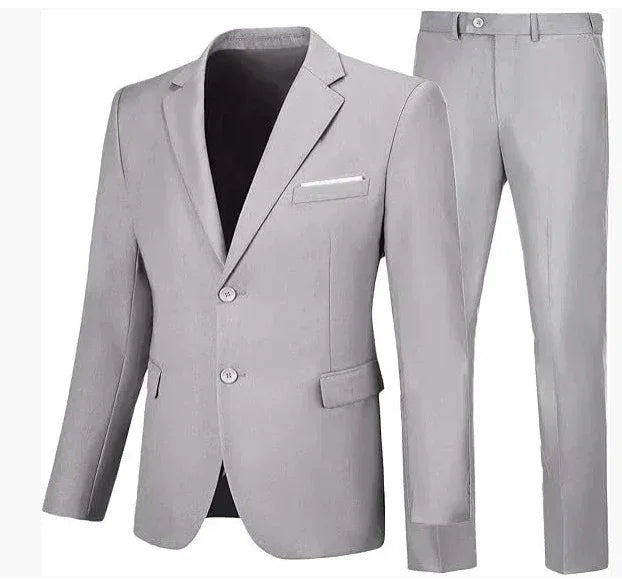 Slim fit light grey suit set with two-button blazer and matching dress pants, modern style