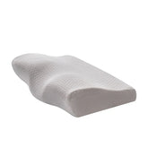 Contoured white memory foam pillow with textured cover, ergonomic design for neck support