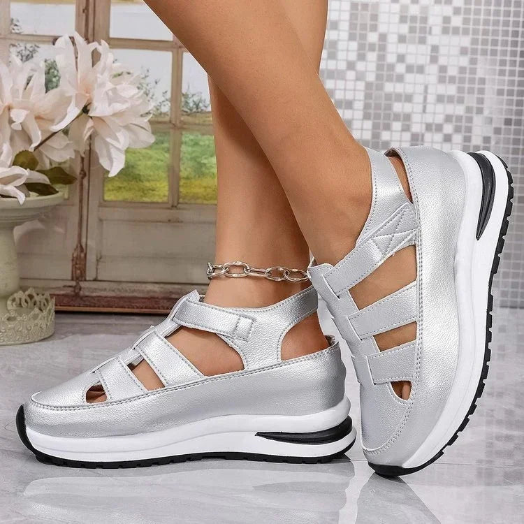 Silver platform sandals with cutout straps, synthetic leather, sporty casual fit