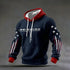 Navy blue waffle-knit hoodie with red hood, star and stripe sleeve accents, relaxed fit.