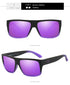 Rectangular black sunglasses with purple mirrored lenses, bold streetwear style.