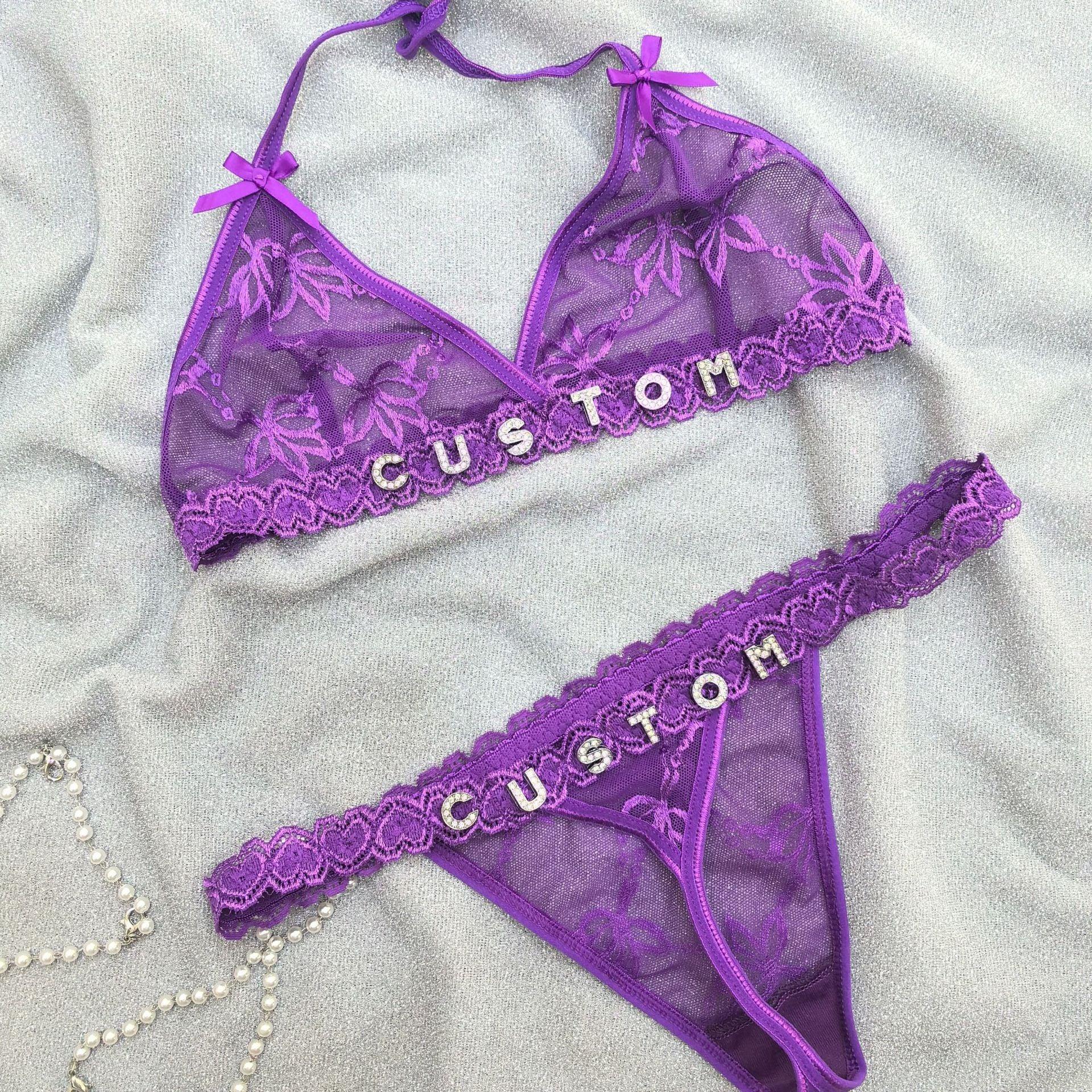 Purple lace mesh bralette and thong set with floral embroidery and customizable letter details