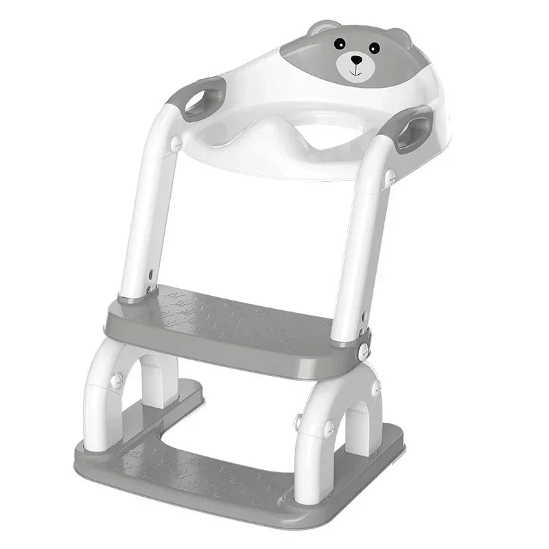 Gray and white children's potty training seat with steps and bear design, sturdy plastic