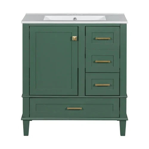 Modern green wooden bathroom vanity with gold handles and white countertop sink