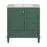 Modern green wooden bathroom vanity with gold handles and white countertop sink