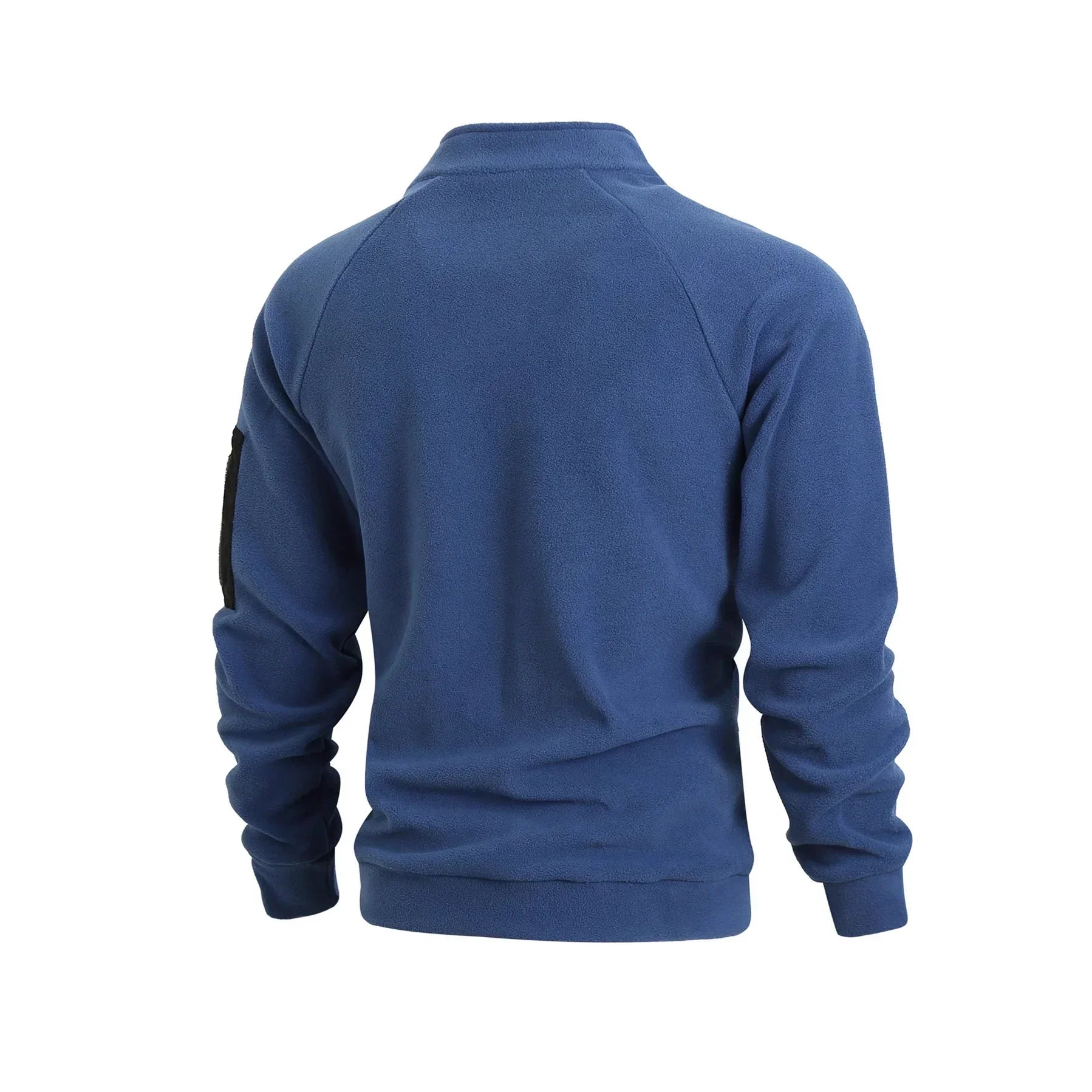 Blue fleece pullover with raglan sleeves and slim fit, back view, techwear style.