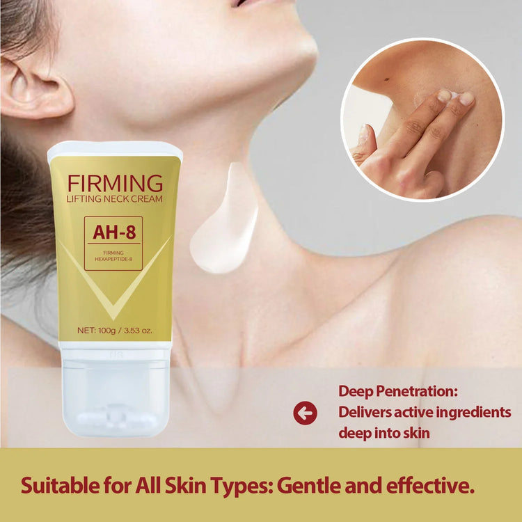 Creamy firming neck cream being applied to a woman&
