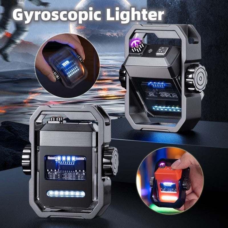 Futuristic metallic gyroscopic lighters with LED lights, rectangular shape, tech accessories display.