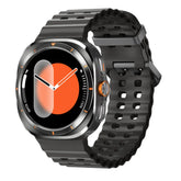 Black silicone strap smartwatch with round face and orange digital display