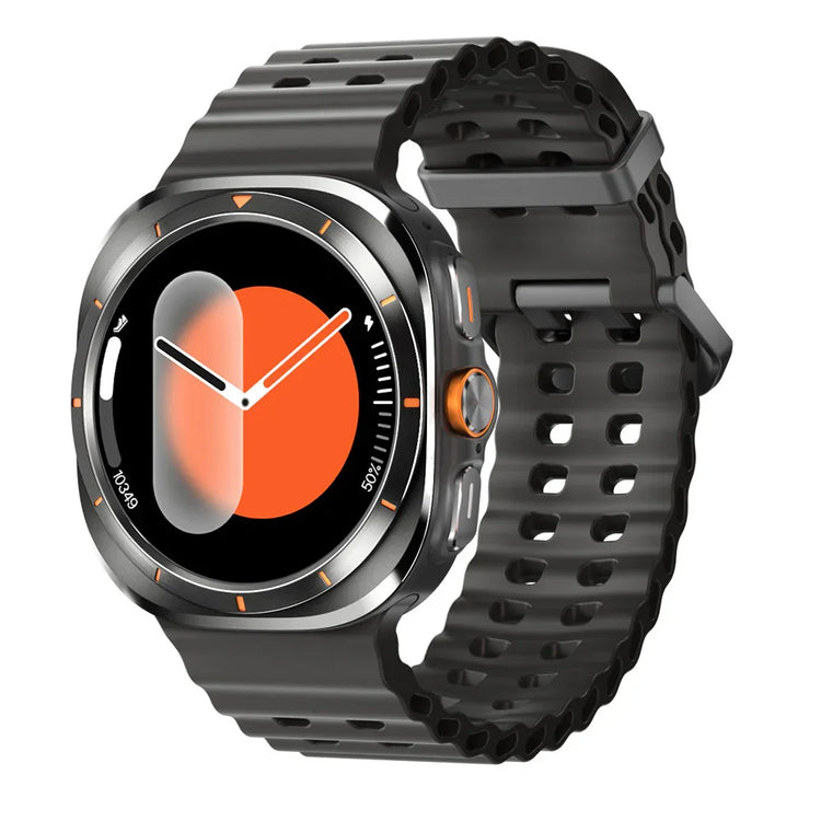 Black silicone strap smartwatch with round face and orange digital display