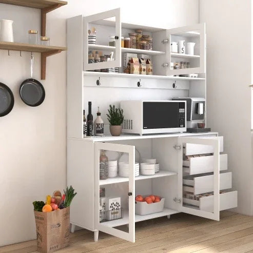 Modern white kitchen cabinet with glass doors, open shelves, and organized storage compartments